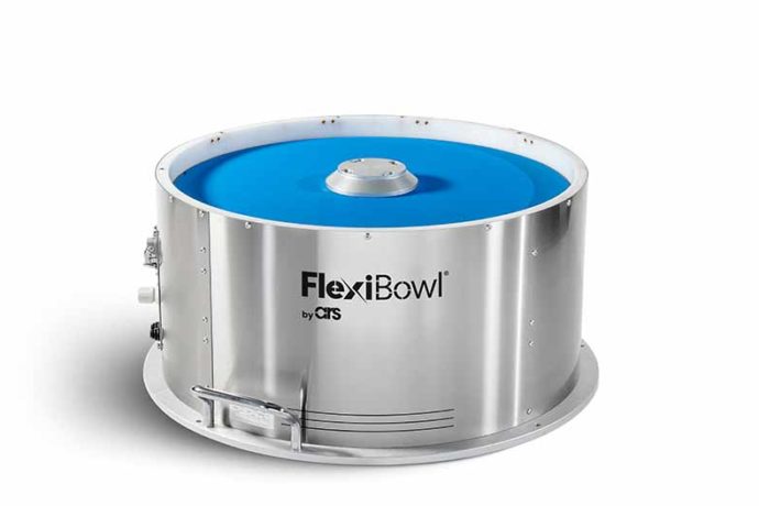 Schneider & Company - A flexibowl® parts feeder by ars automation on a white background, showcasing its sleek metal design and vibrant blue inner surface.