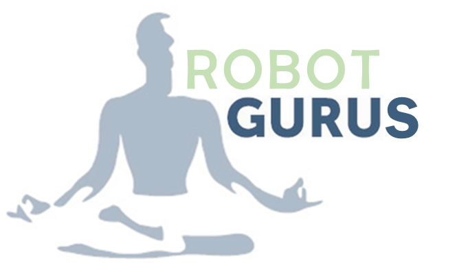 Schneider & Company - An image depicting a stylized blue figure in a meditative pose with the words "robot gurus" next to it, suggesting a theme of technological wisdom or expertise blended with mindfulness or spirituality.