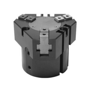 Schneider & Company - Precision engineered black metal chuck for industrial machinery on a white background.