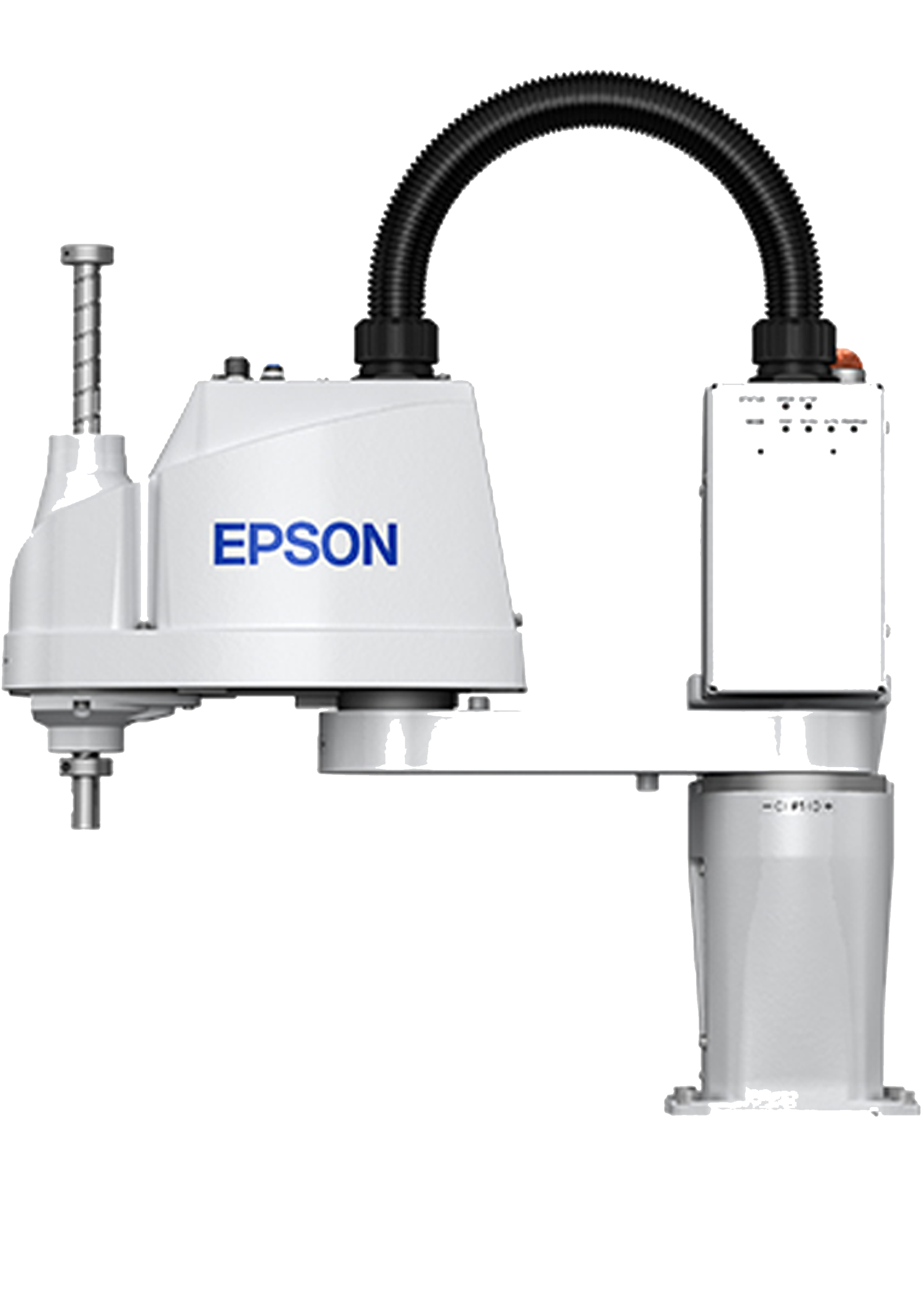 Schneider & Company - A modern epson industrial robotic arm with a white and blue color scheme, featuring a compact design and modular construction, likely used for precision tasks in manufacturing or assembly processes.