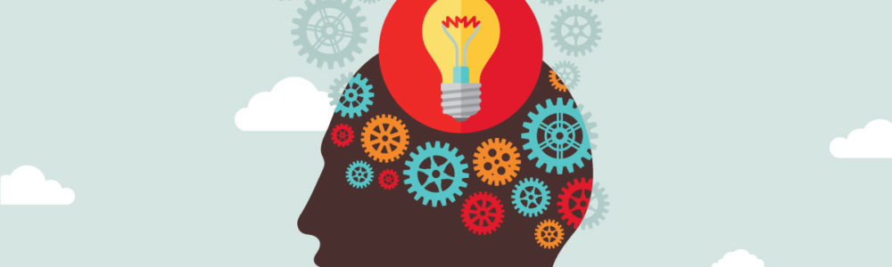 Schneider & Company - A graphic representation of a human head in profile with gears symbolizing the brain's cognitive processes and a light bulb inside, suggesting an idea or a moment of inspiration against a backdrop of clouds and additional gears.