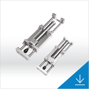 Schneider & Company - Two pneumatic cylinders of different sizes with mounting accessories against a white background.