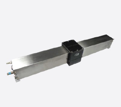 Schneider & Company - Industrial conveyor belt section with metallic finish and a black plastic junction box, against a gray background.