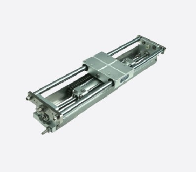 Schneider & Company - Industrial-grade metal slider mechanism with robust guides and a central spring, possibly used for precision linear motion applications.