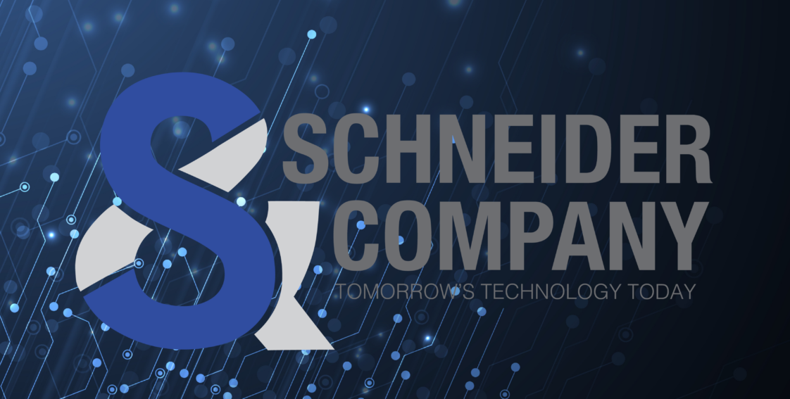 Schneider & Company - Schneider company - tomorrow's technology today" set against a modern, digital background with connected lines and dots, symbolizing a network or futuristic technology.