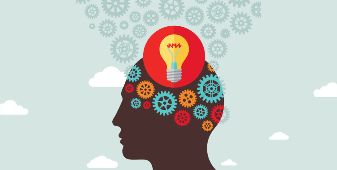 Schneider & Company - Creative thought process: a silhouette with gears in the brain and a lightbulb representing a bright idea.