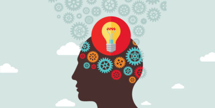 Schneider & Company - Creative thought process: a silhouette with gears in the brain and a lightbulb representing a bright idea.