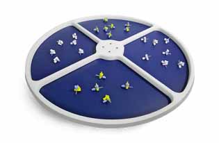 a macro shot of the surface of a flex-feeder. The surface is blue and separated into quadrants. Each quadrant holds small components that will eventually be sorted.