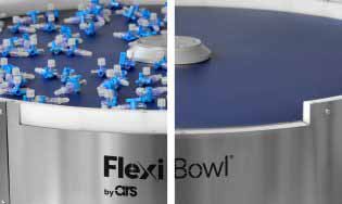 Schneider & Company - A side-by-side comparison of two stages of an industrial parts feeder: on the left, multiple identical blue and white components are scattered randomly inside a flexibowl, and on the right, the components are absent, showing a smooth, even blue surface of the feeder bowl.