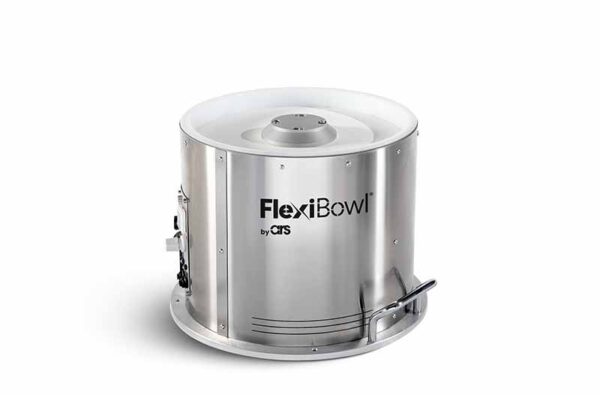 Schneider & Company - An industrial flexibowl parts feeder with a metallic finish, equipped with a release hatch and a branding logo on the side.