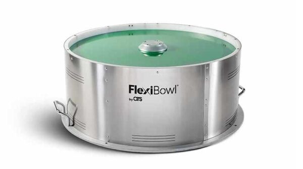 Schneider & Company - A large, round, metal industrial mixing bowl named "FlexiBowl" by ATS with a green liquid contents and a centered lid.
