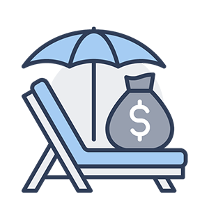 Schneider & Company - A stylized graphic showing a beach chair and umbrella with a bag of money, implying financial security, vacation savings, retirement planning, or wealth management with a relaxing or leisurely theme.